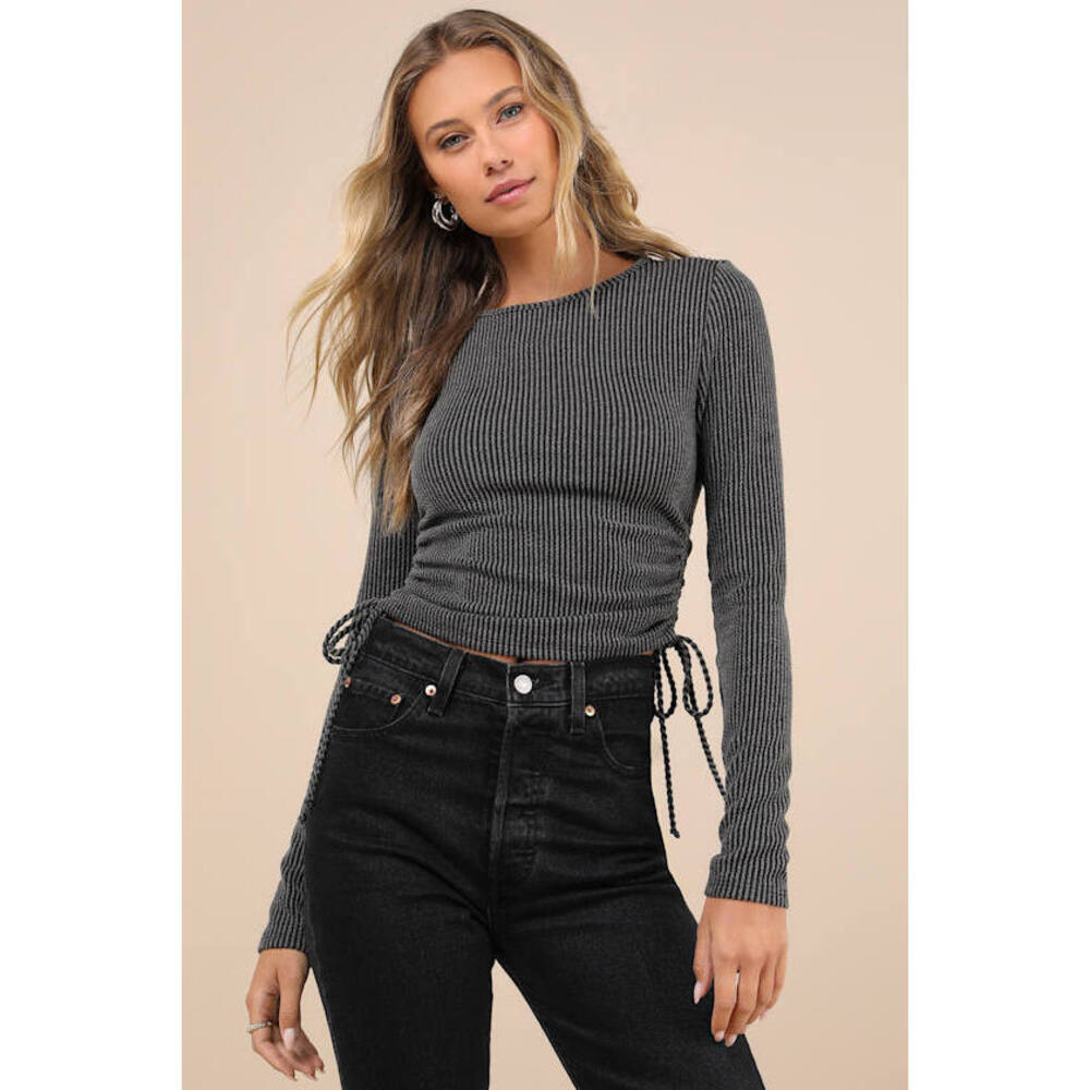 Lulus Sweet Ease Charcoal Textured Ribbed Ruched Long Sleeve Top Grey - Size M